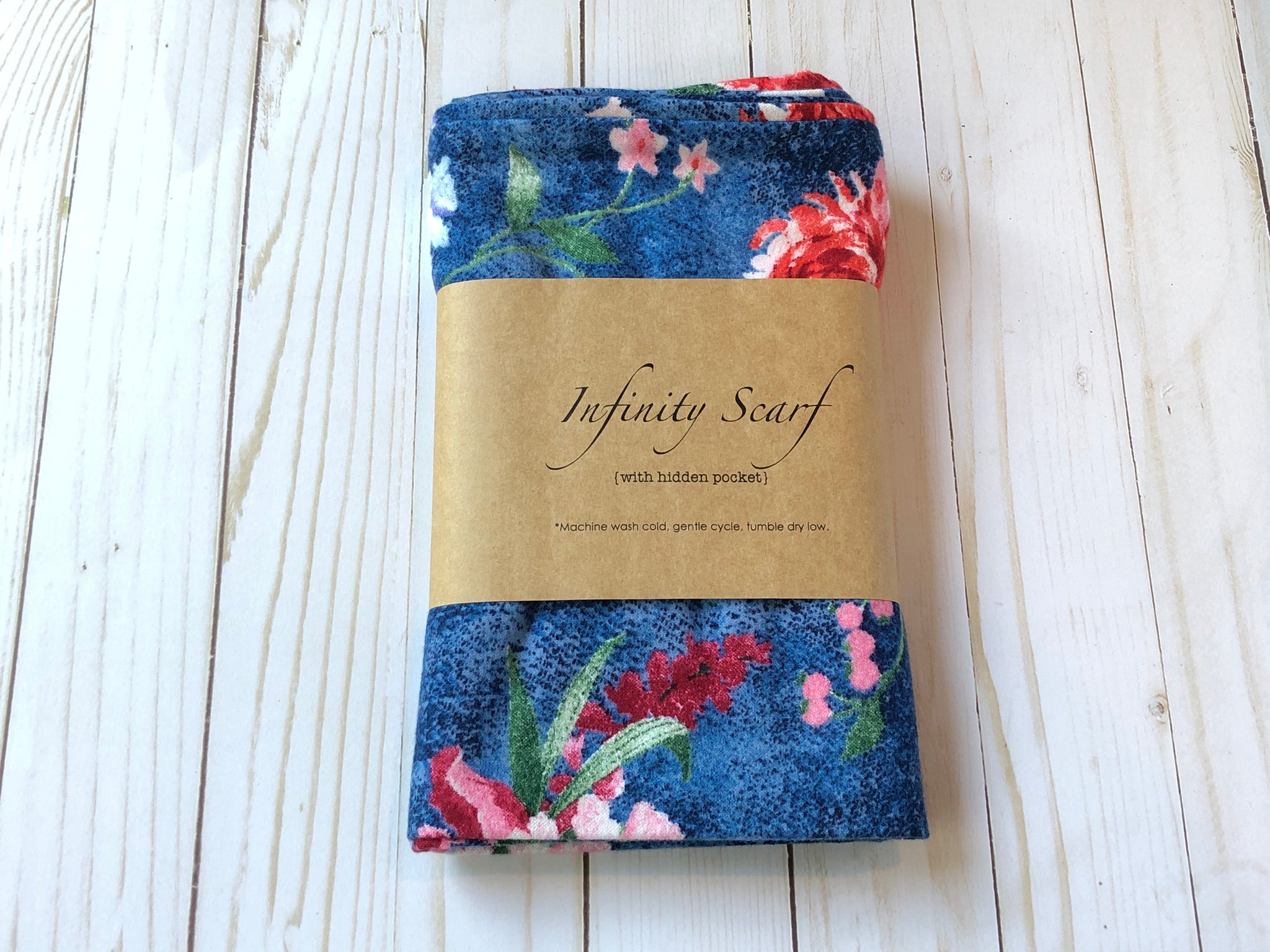 Hidden Pocket Infinity Scarf - Floral on Blue