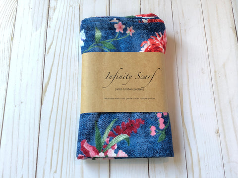 Hidden Pocket Infinity Scarf - Floral on Blue