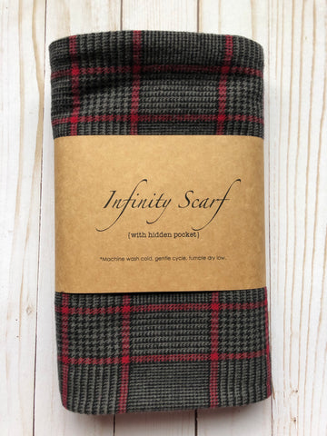 Hidden Pocket Infinity Scarf - Red and Black/Gray Plaid